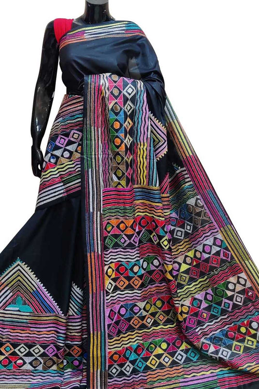 Elegant Black Hand Embroidered Kantha Silk Saree - Luxurion World