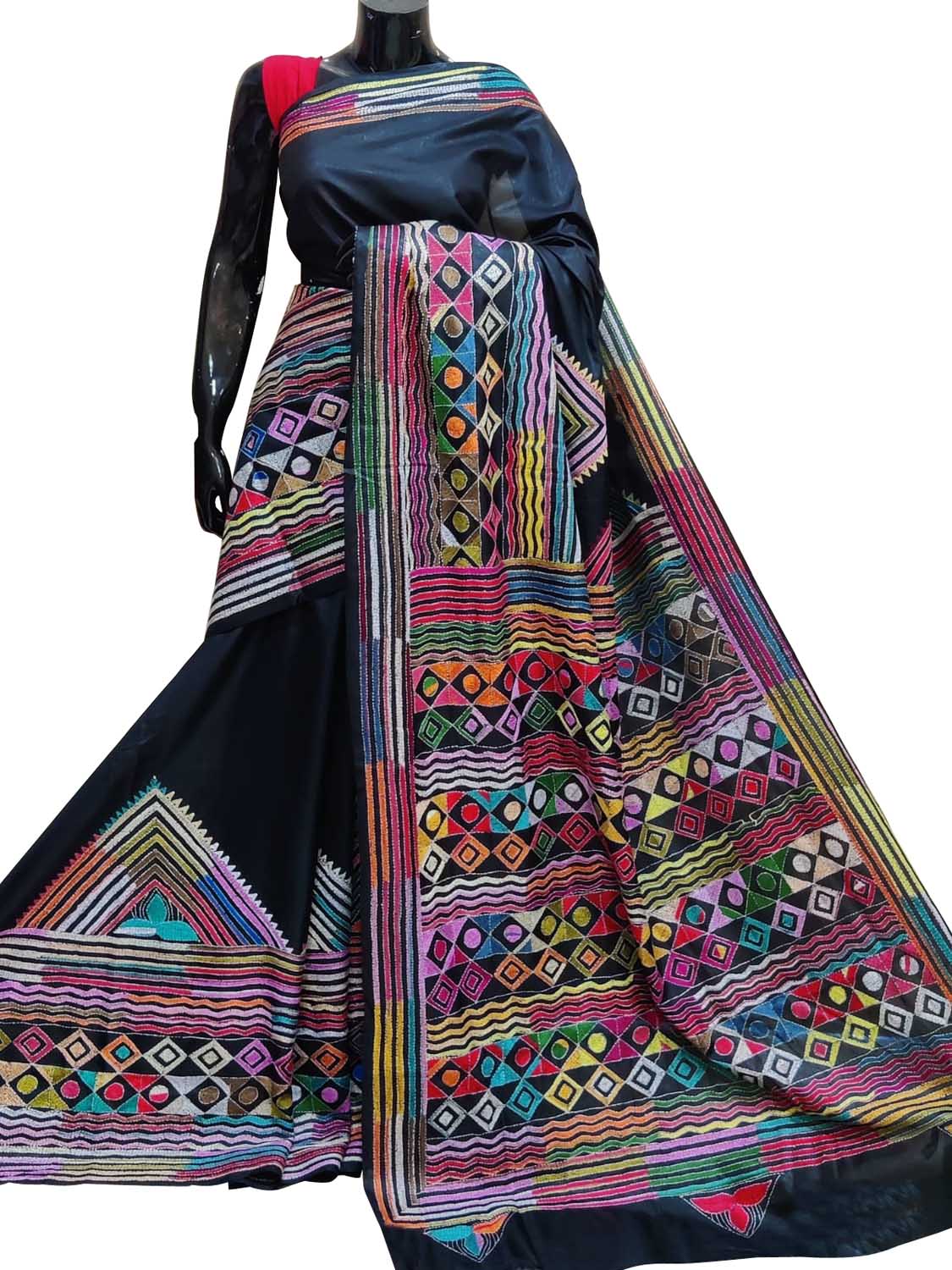 Elegant Black Hand Embroidered Kantha Silk Saree - Luxurion World