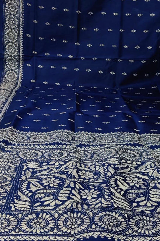 Blue Kantha Work Bangalore Silk Saree - Luxurion World