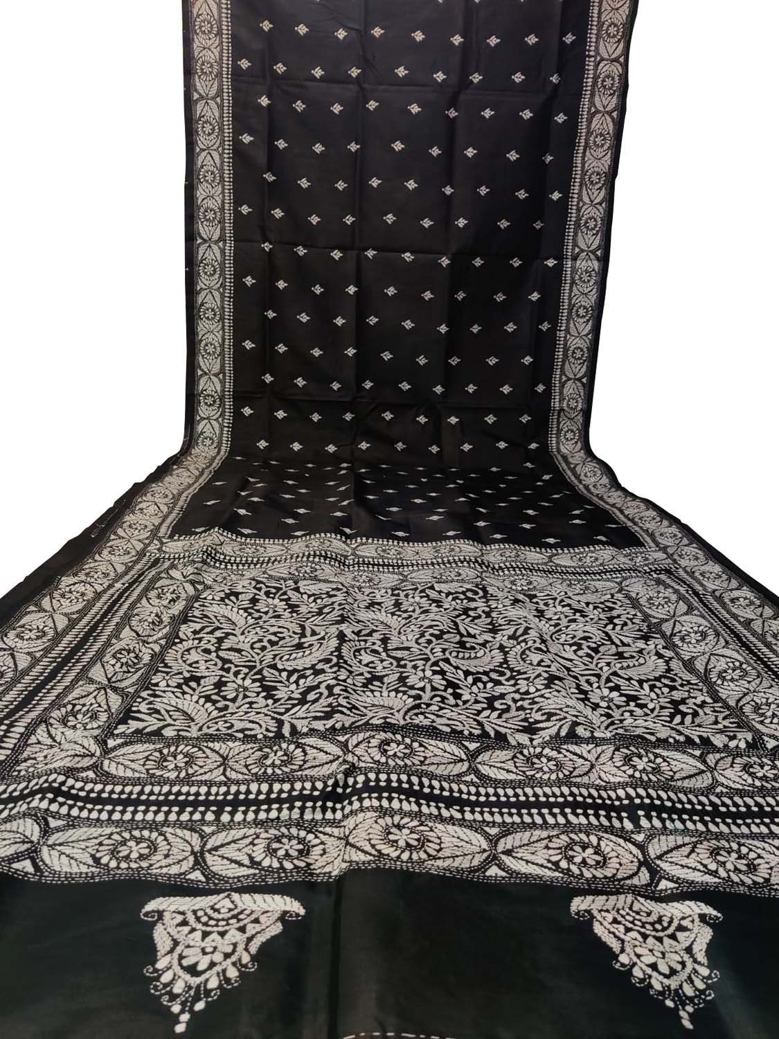 Black Hand Embroidered Kantha Work Pure Bangalore Silk Saree - Luxurion World