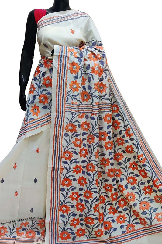 Elegant Off White Kantha Work Tussar Silk Saree