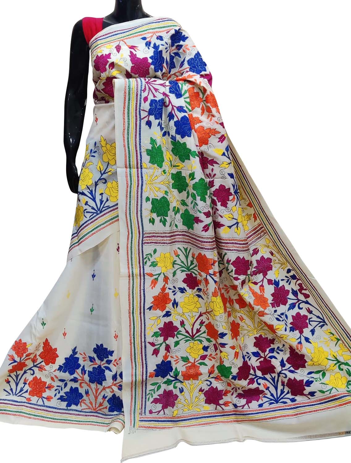 Elegant Off White Kantha Work Tussar Silk Saree - Luxurion World