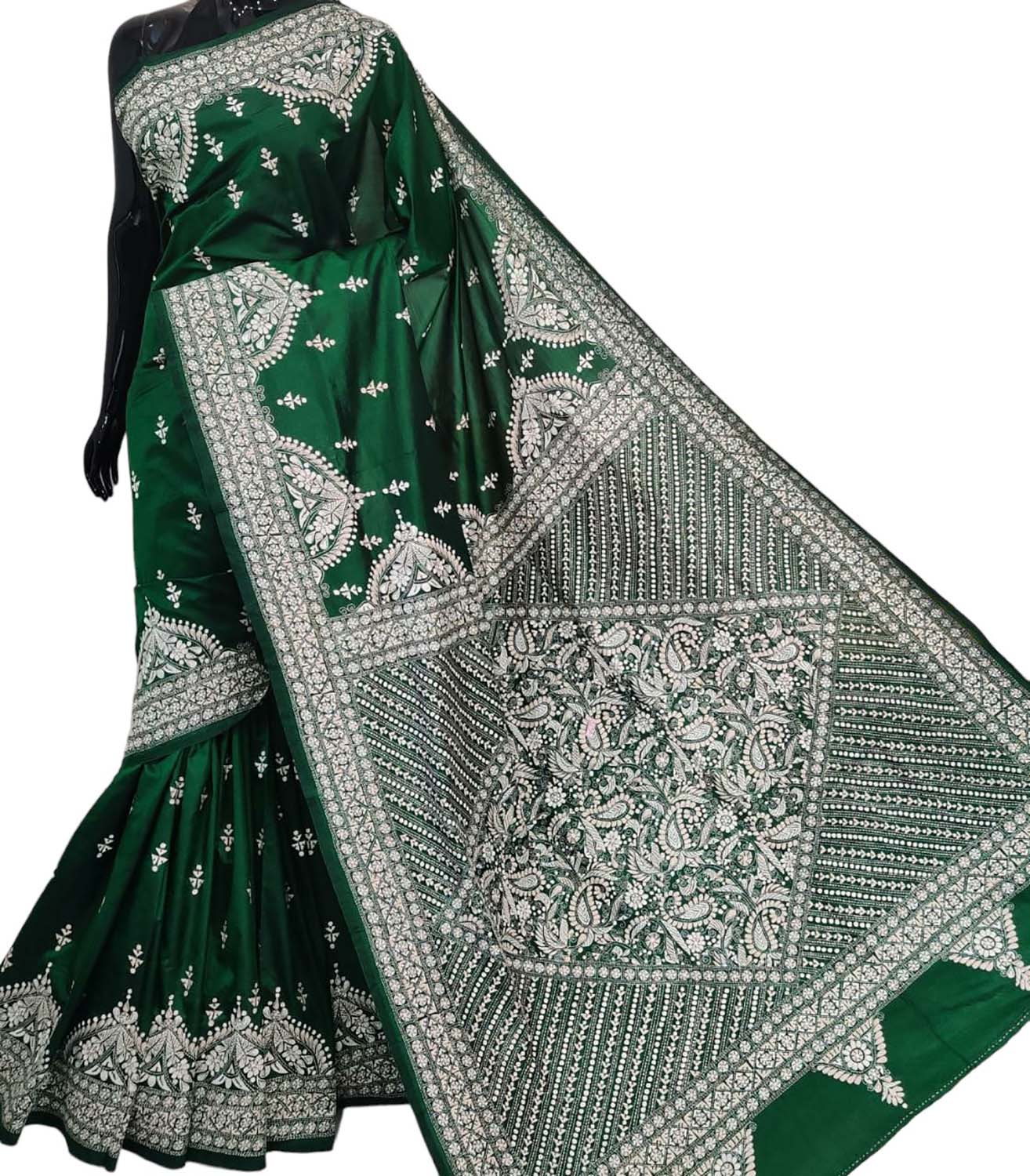 Green Kantha Hand Embroidered Bangalore Silk Saree - Luxurion World