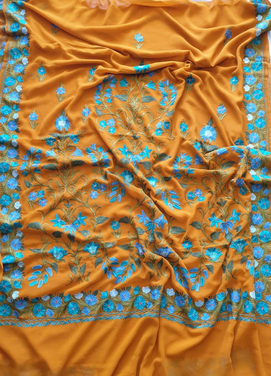 Yellow Embroidered Kashmiri Aari Work Georgette Saree - Luxurion World