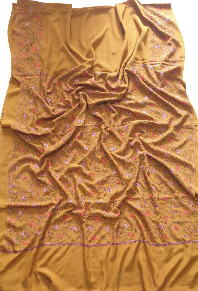 Yellow Embroidered Kashmiri Sozni Work Crepe Flower Design Saree - Luxurion World