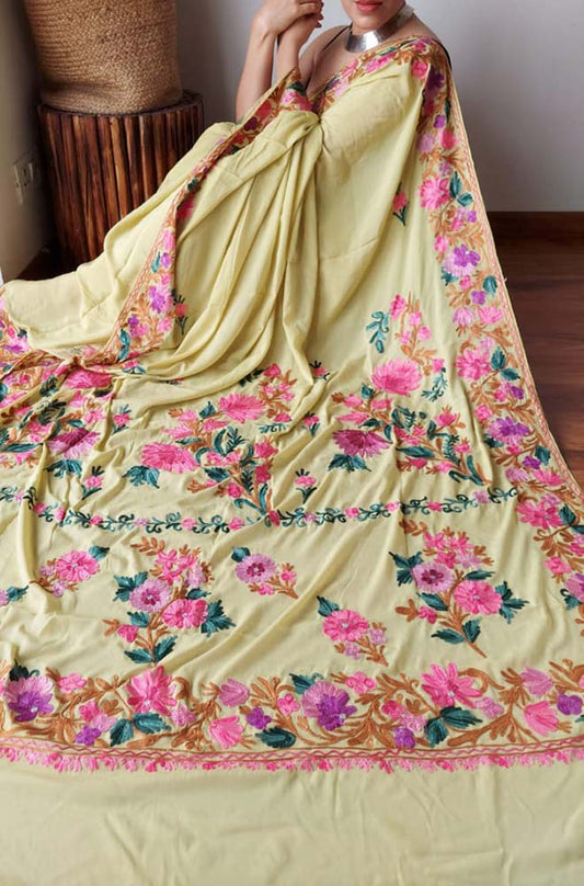 Yellow Embroidered Kashmiri Aari Work Crepe Saree - Luxurion World