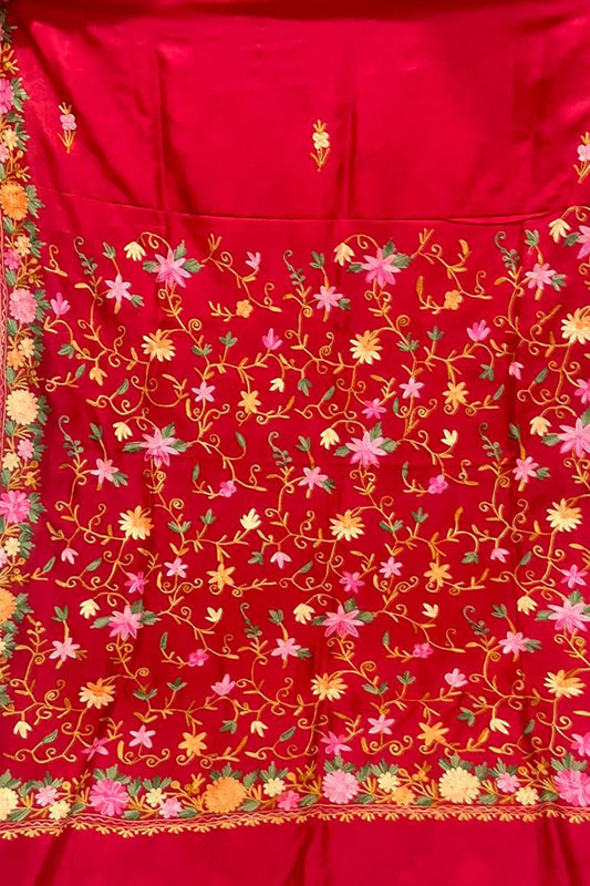 Stunning Red Silk Saree with Intricate Kashmiri Aari Embroidery - Luxurion World