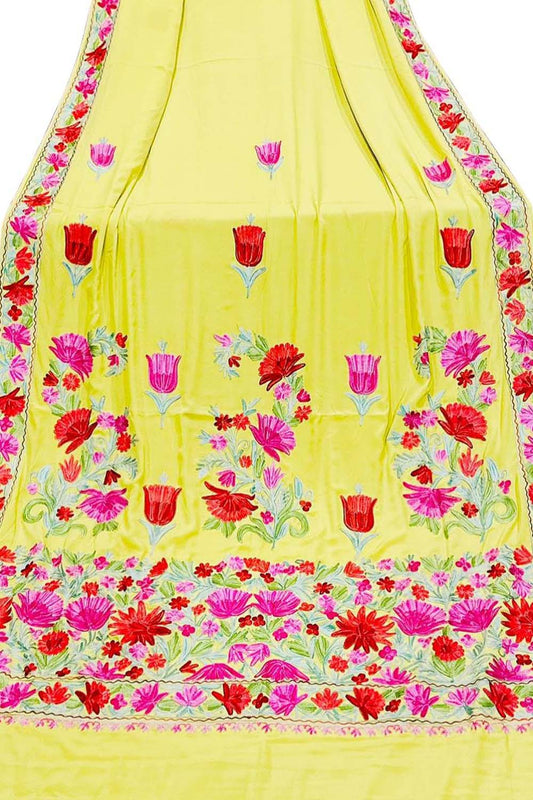 Yellow Kashmiri Embroidered Aari Work Crepe Saree - Luxurion World
