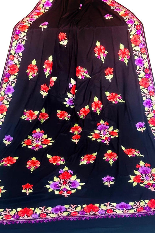 Black Kashmiri Embroidered Aari Work Crepe Saree - Luxurion World