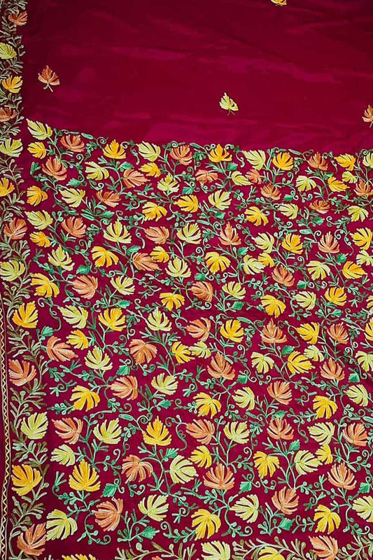 Red Kashmiri Embroidered Aari Work Crepe Saree - Luxurion World