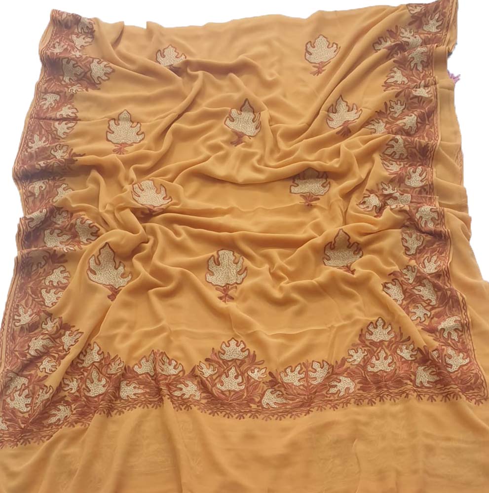 Yellow Embroidered Kashmiri Aari Work Georgette Saree - Luxurion World