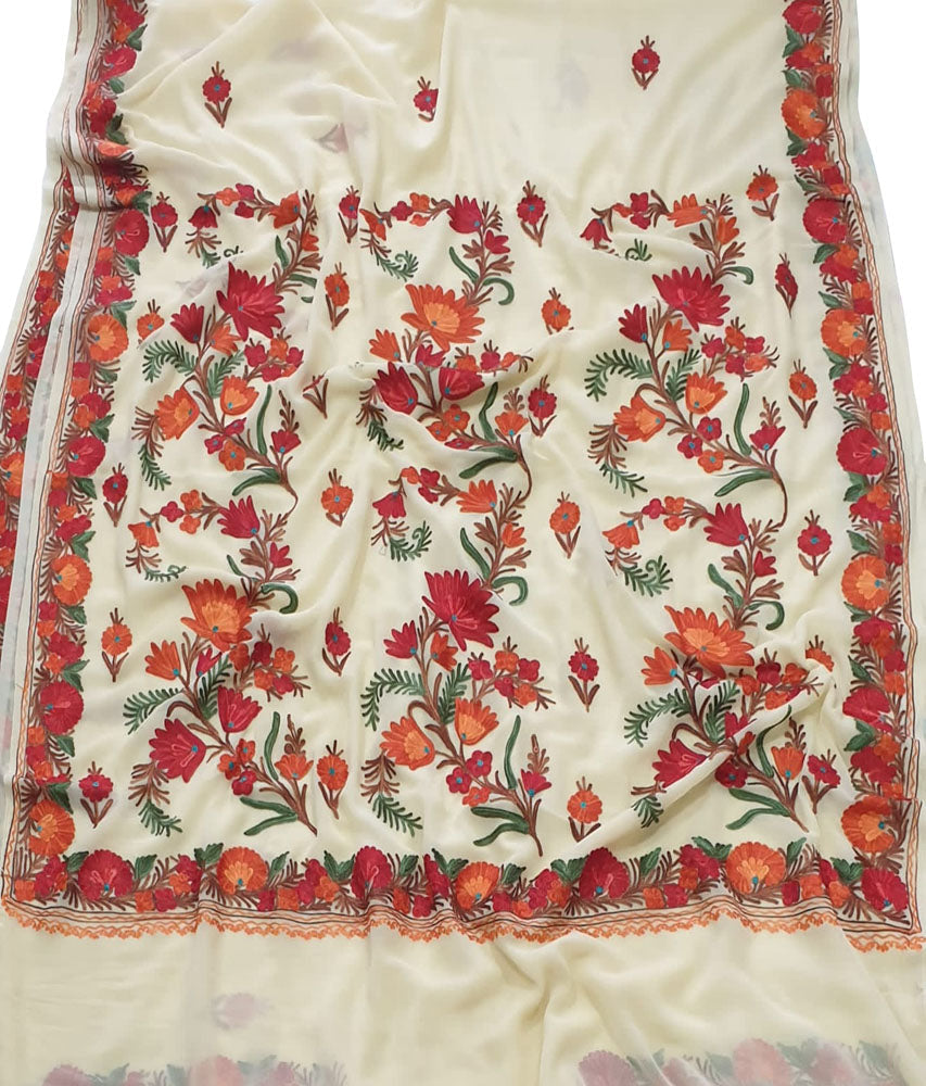 Yellow Embroidered Kashmiri Aari Work Georgette Flower Design Saree - Luxurion World