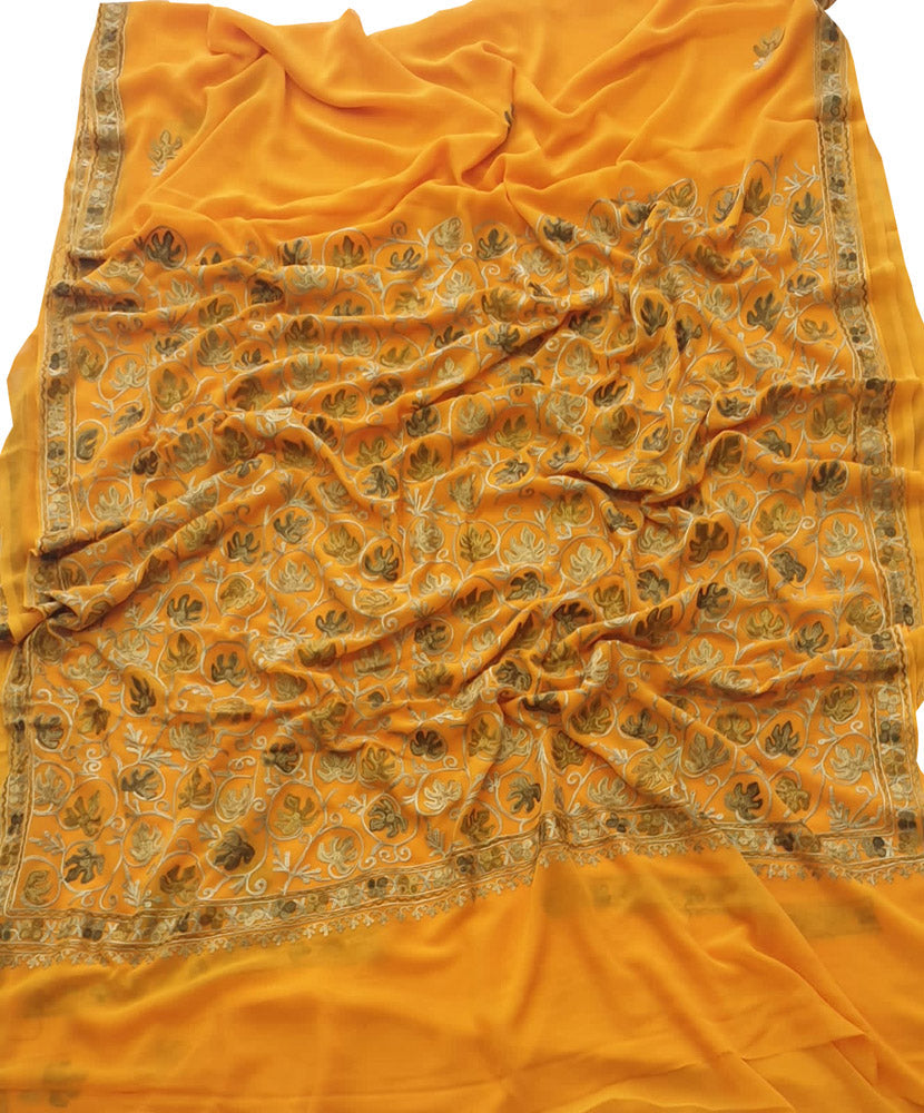 Yellow Embroidered Kashmiri Aari Work Georgette Saree - Luxurion World