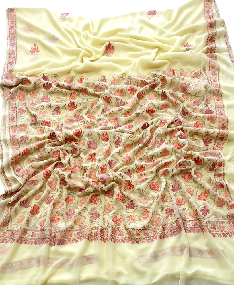 Yellow Embroidered Kashmiri Aari Work Georgette Saree - Luxurion World