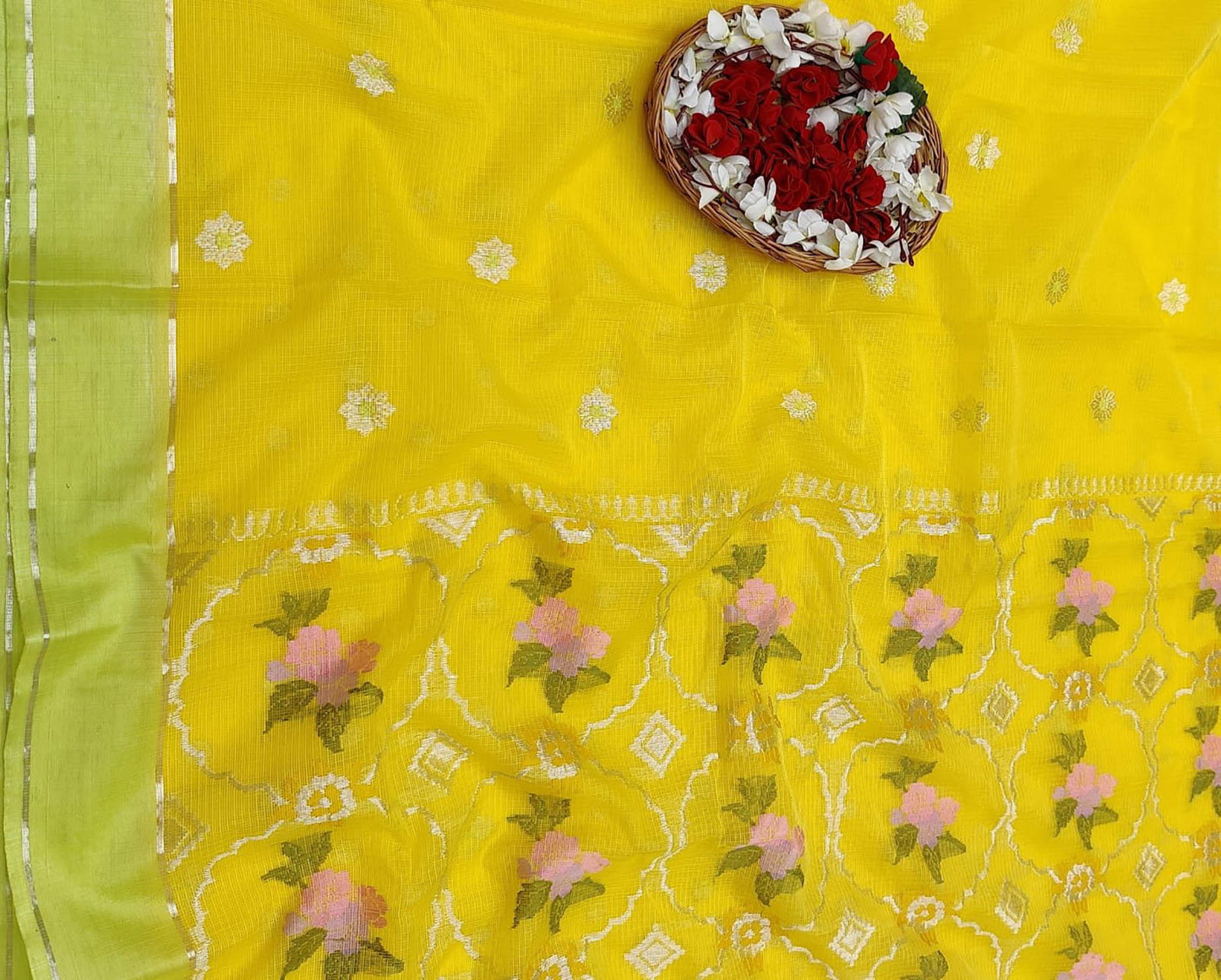 Yellow Handloom Kota Doria Real Zari Saree - Luxurion World