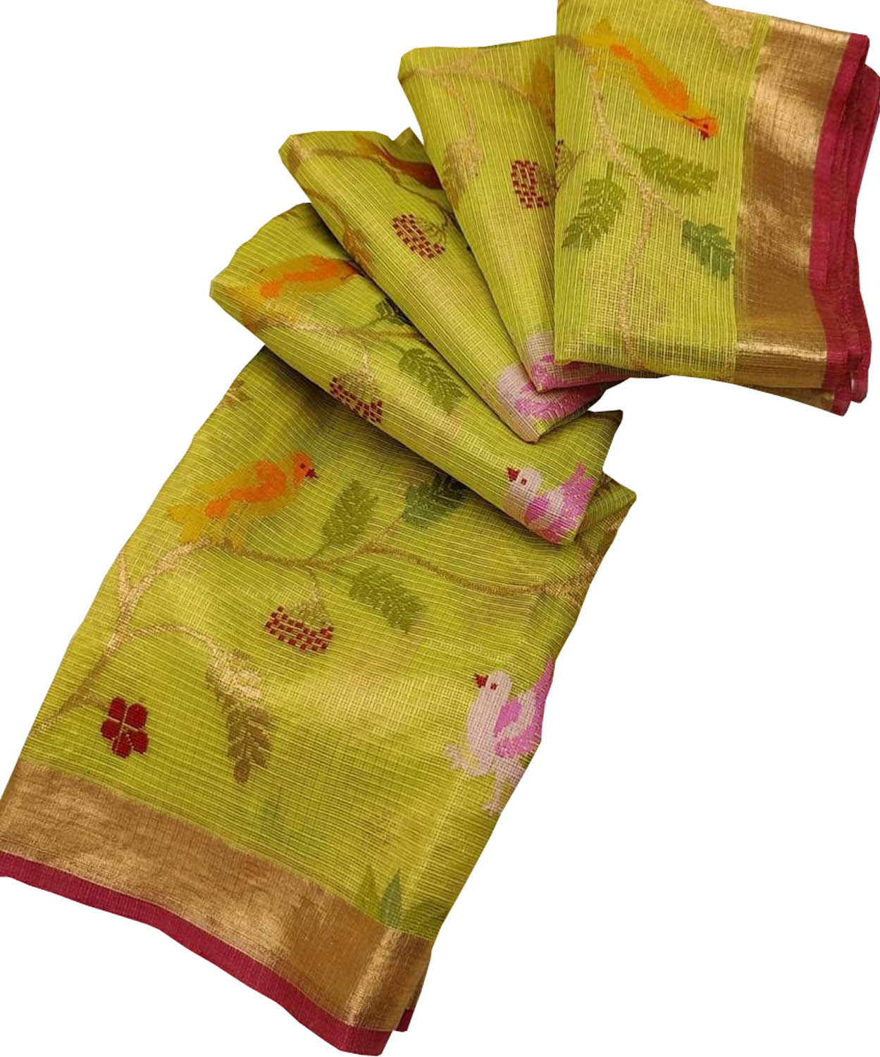 Shop Handloom Real Zari Tissue Saree: Green & Yellow with Flower Design - Luxurion World