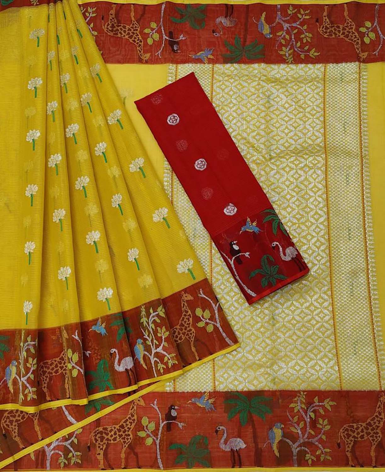 Stunning Yellow Handloom Kota Doria Saree with Real Zari Embellishments - Luxurion World