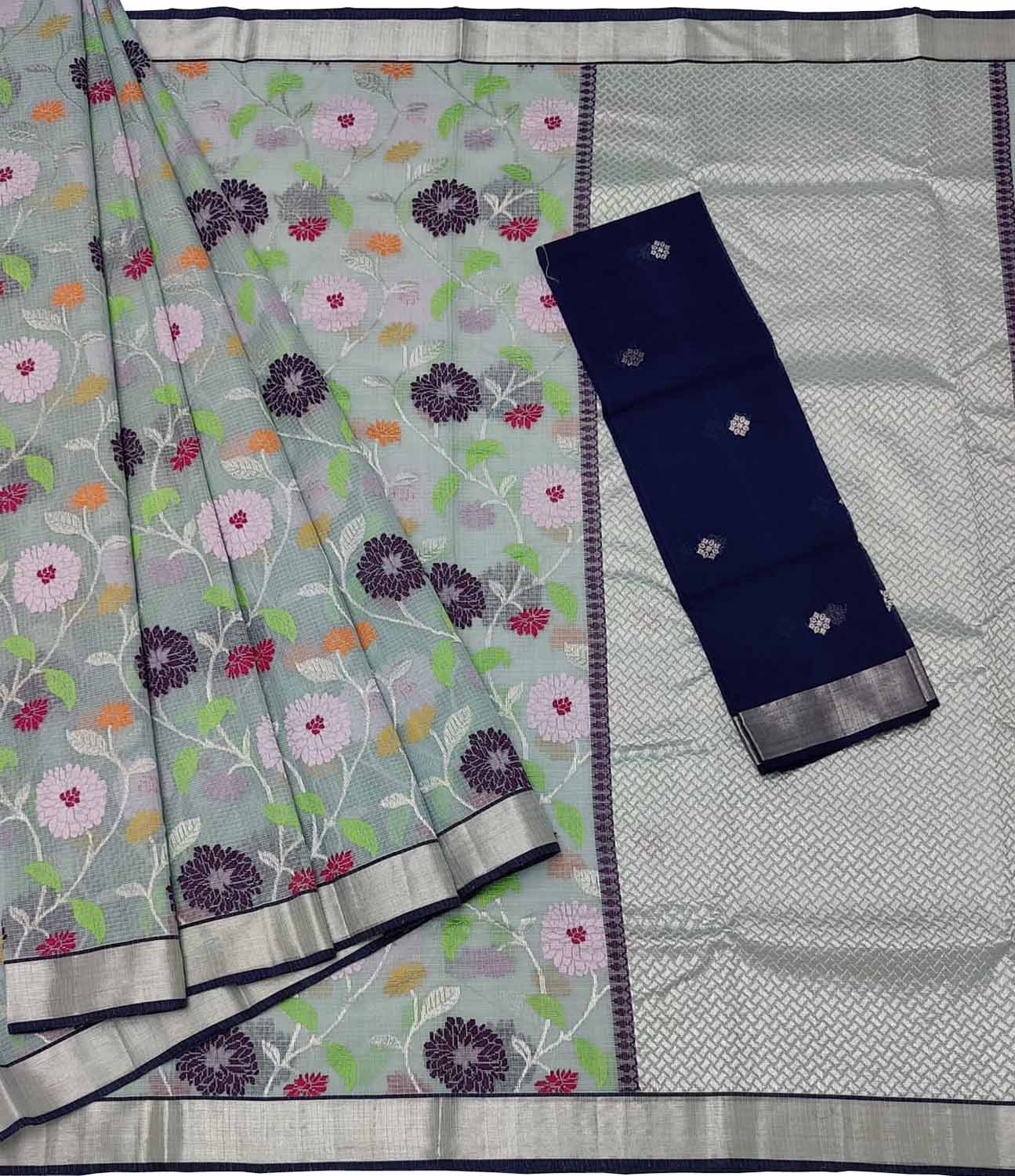 Grey And Blue Handloom Kota Doria Real Zari Saree - Luxurion World