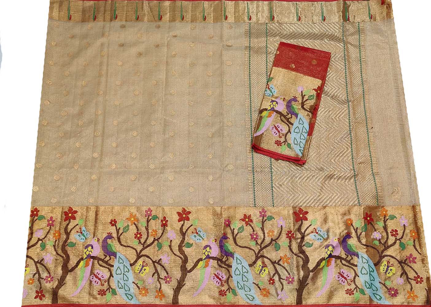 Golden Handloom Tissue Paithani Kota Doria Real Zari Peacock Design Saree - Luxurion World