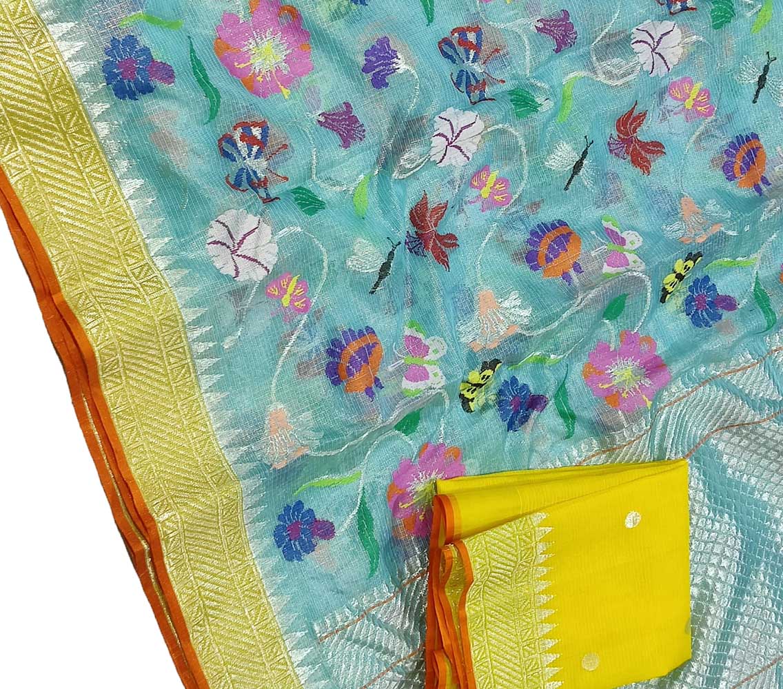 Blue Handloom Kota Doria Tissue Silk Real Zari Bird Design Saree - Luxurion World