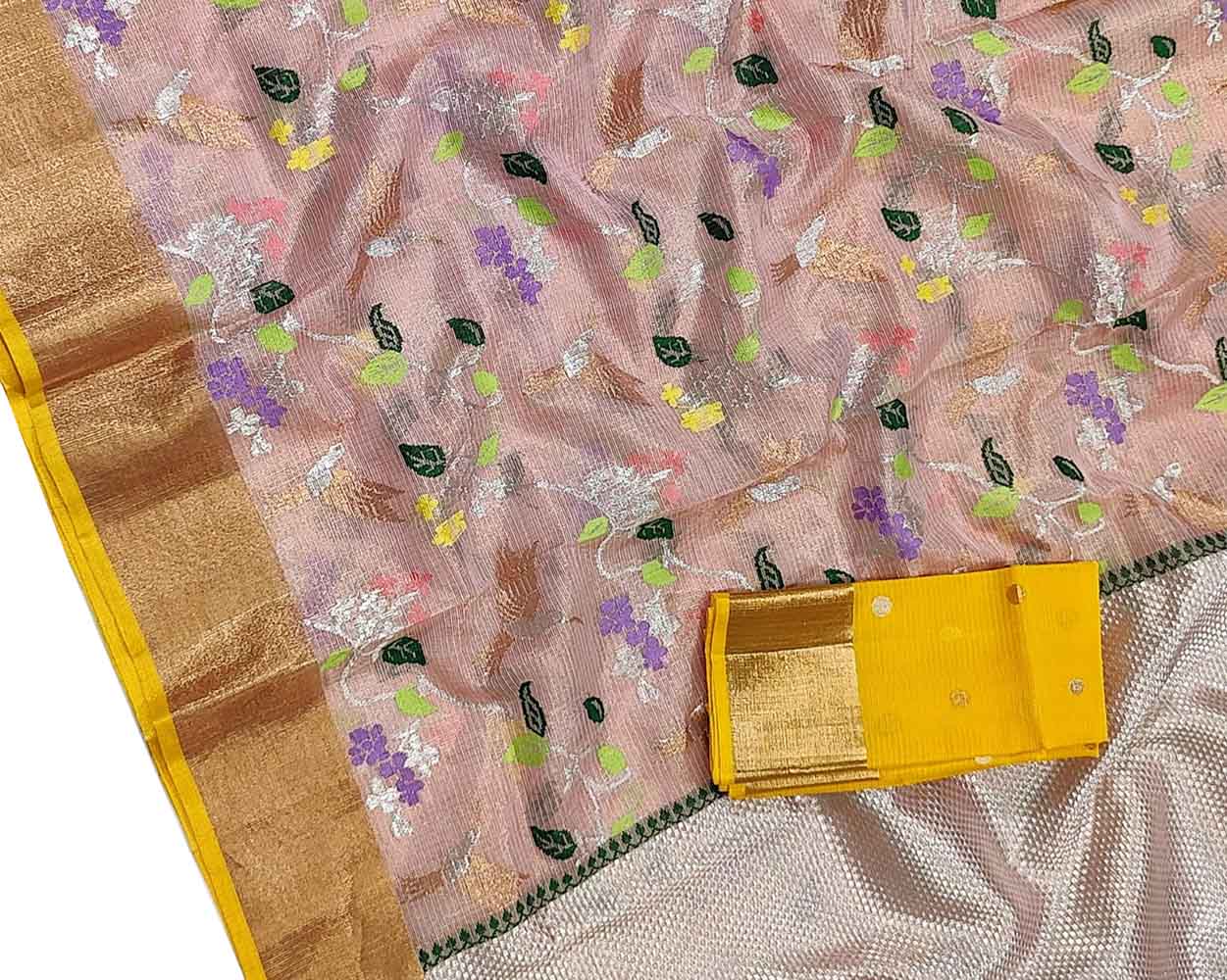 Pink Handloom Kota Doria Tissue Silk Real Zari Bird And Floral Design Saree - Luxurion World