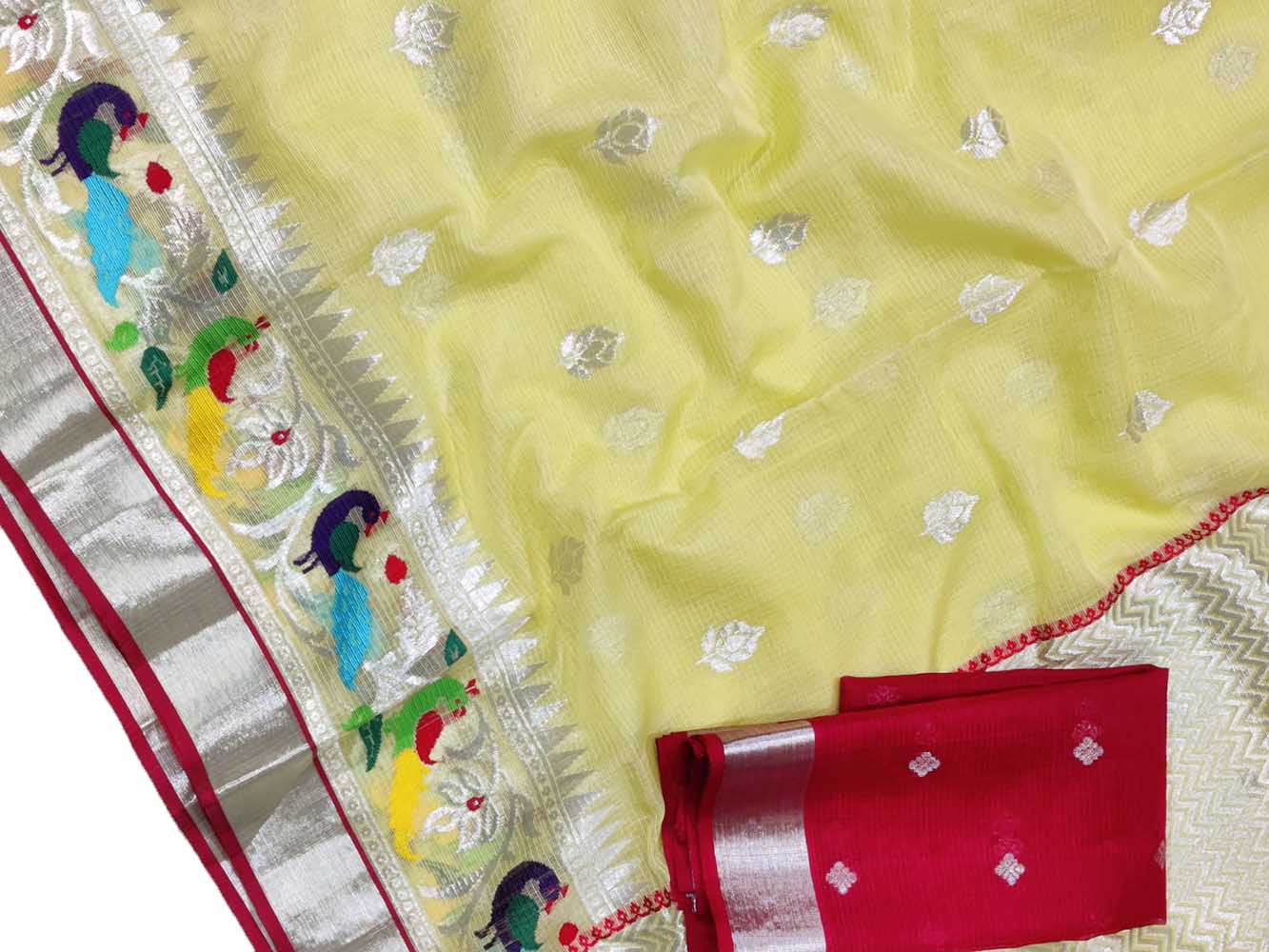 Yellow Handloom Kota Doria Real Zari Peacock Design Saree - Luxurion World