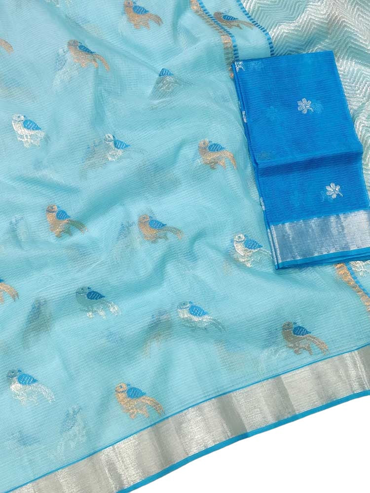 Blue Handloom Kota Doria Real Zari Saree - Luxurion World