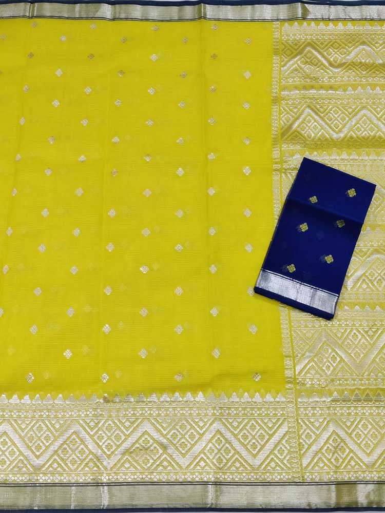 Yellow Handloom Kota Doria Real Zari Saree - Luxurion World