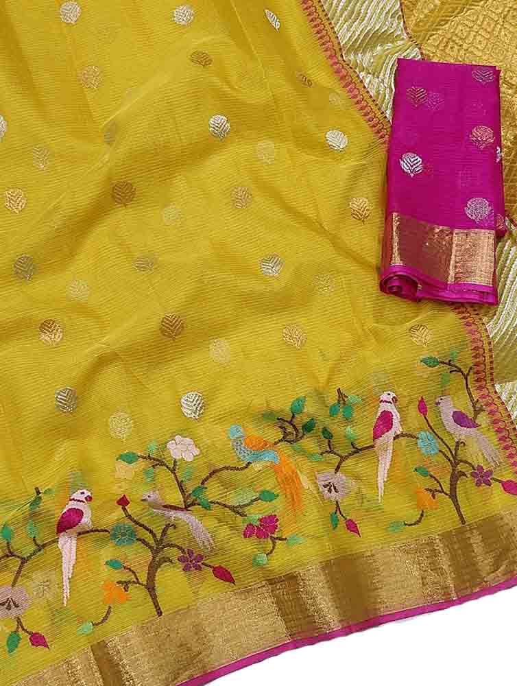 Yellow Handloom Kota Doria Real Zari Figure Design Saree - Luxurion World