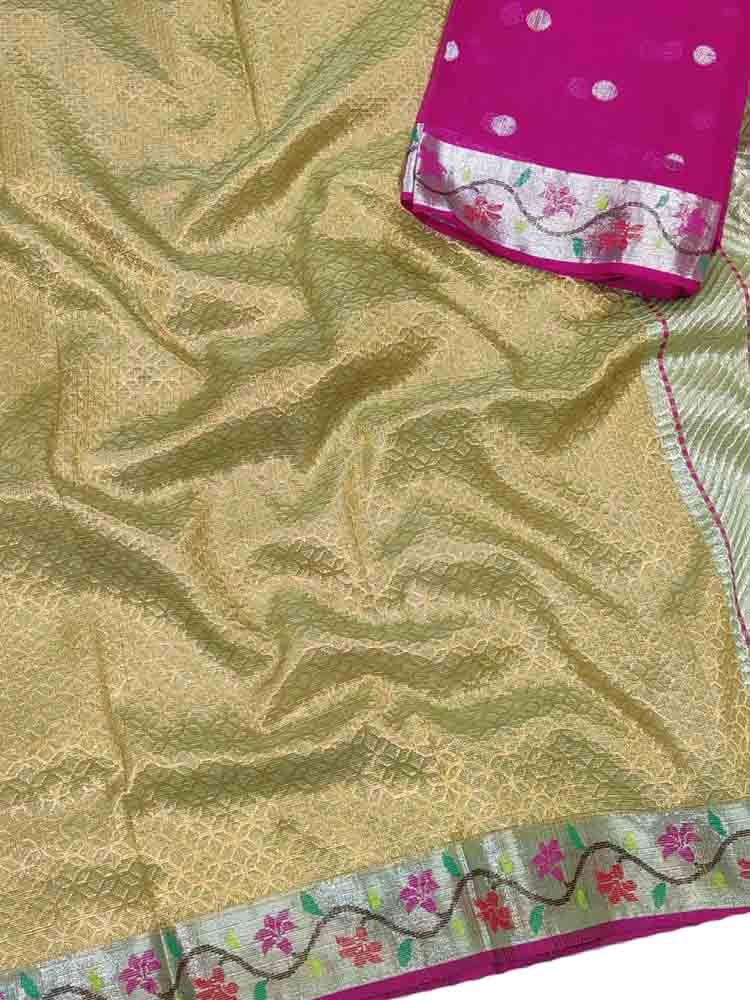 Yellow Handloom Kota Doria Real Zari Flower Design Saree - Luxurion World