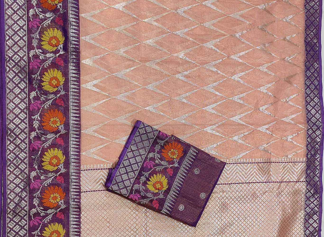Pink Handloom Kota Doria Tissue Silk Real Zari Meenakari Saree - Luxurion World