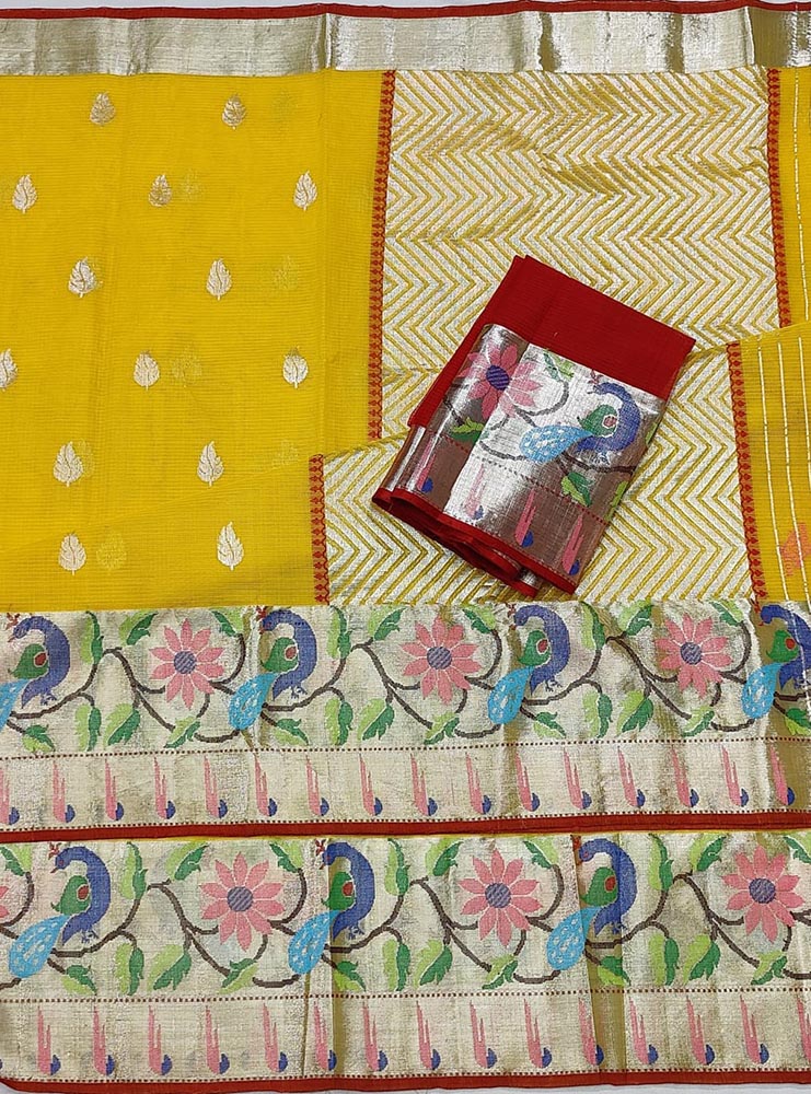 Yellow Handloom Tissue Kota Doria Real Zari Paithani Border Saree - Luxurion World