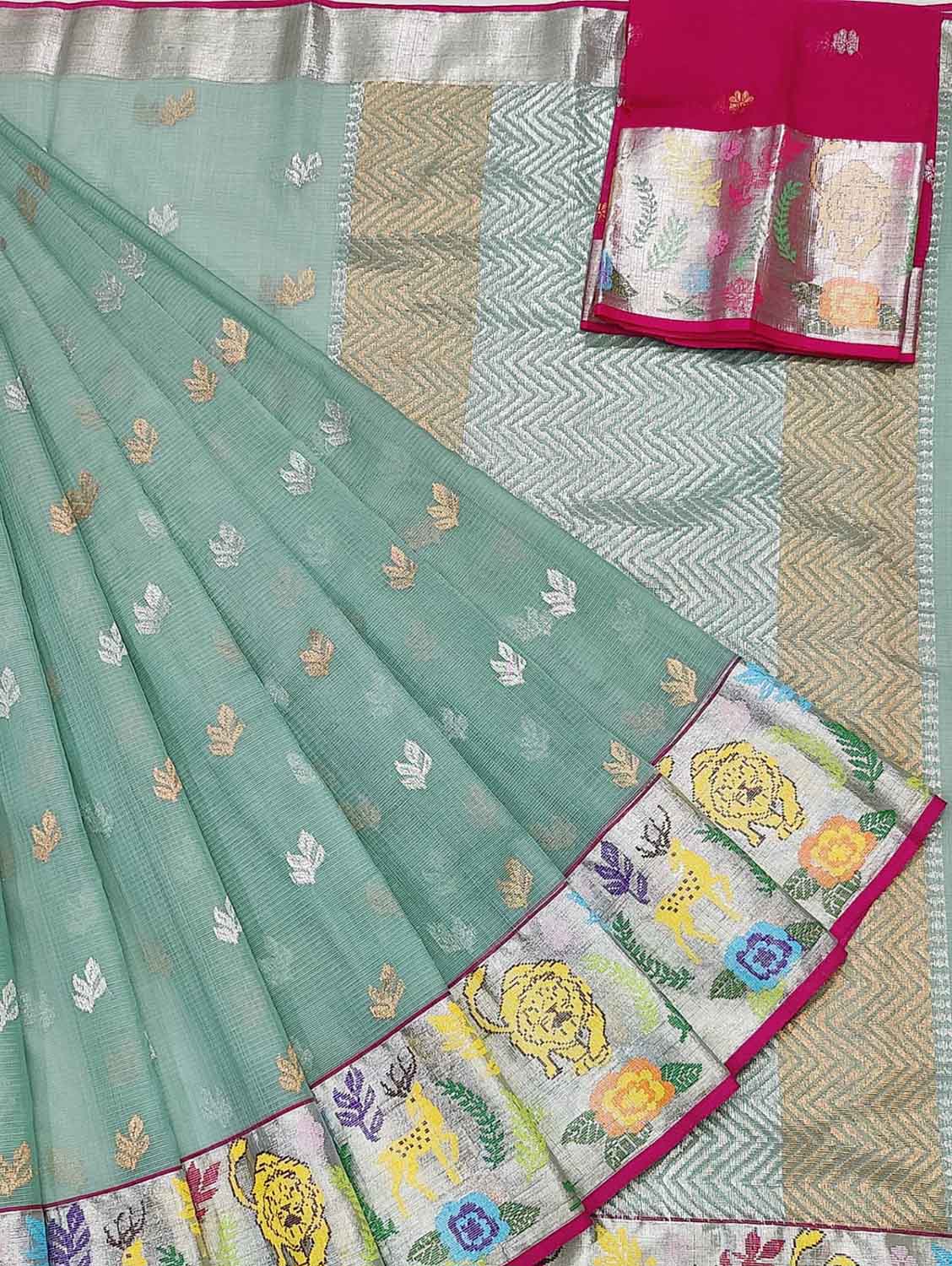 Blue Handloom Kota Doria Sona Roopa Flower Design Saree - Luxurion World