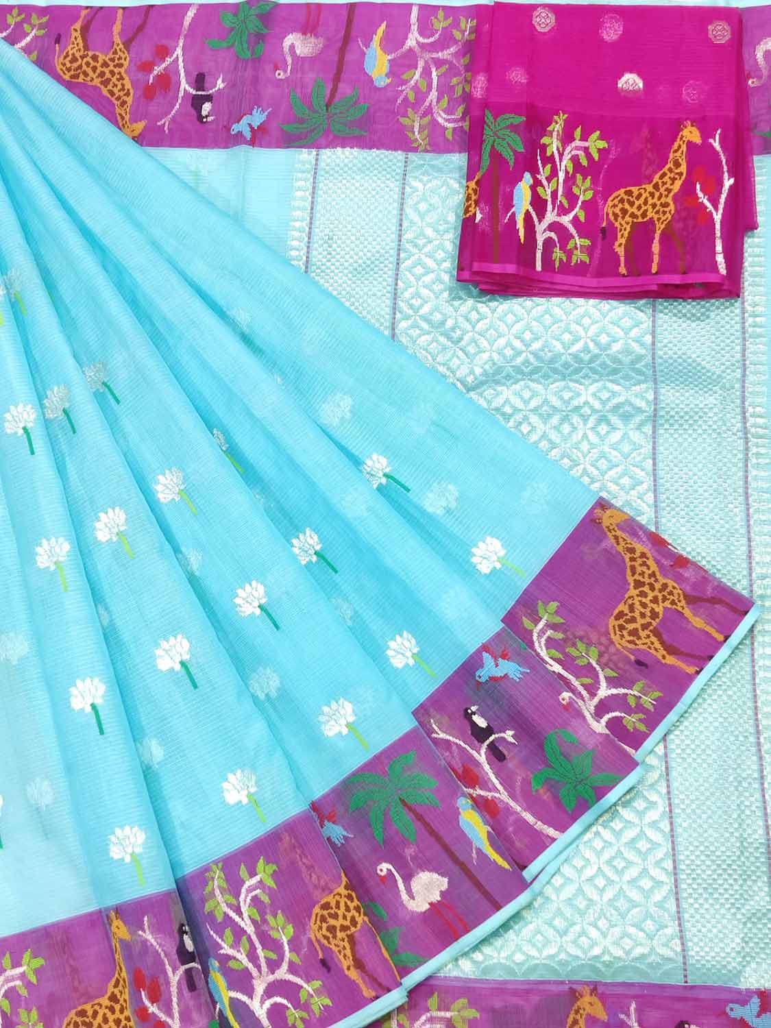 Blue Handloom Kota Doria Figure Work Saree - Luxurion World