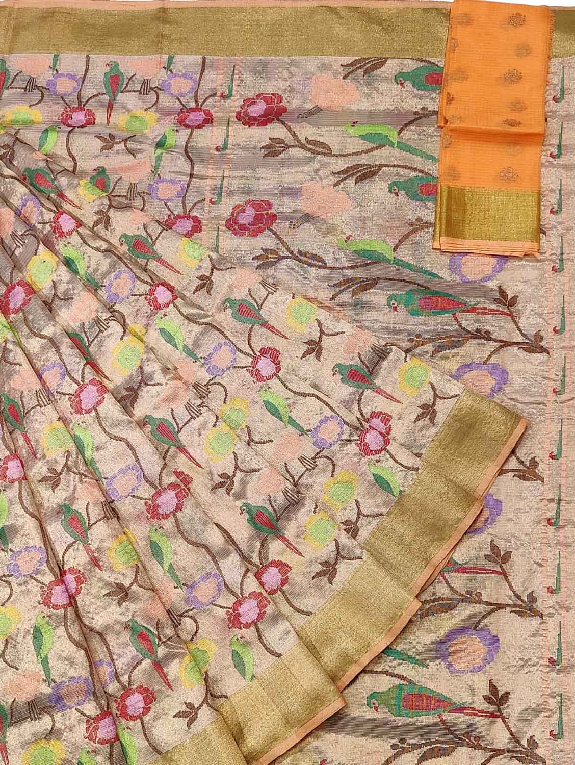 Multicolor Kota Doria Real Zari Handloom Double Tissue Meenakari Saree - Luxurion World