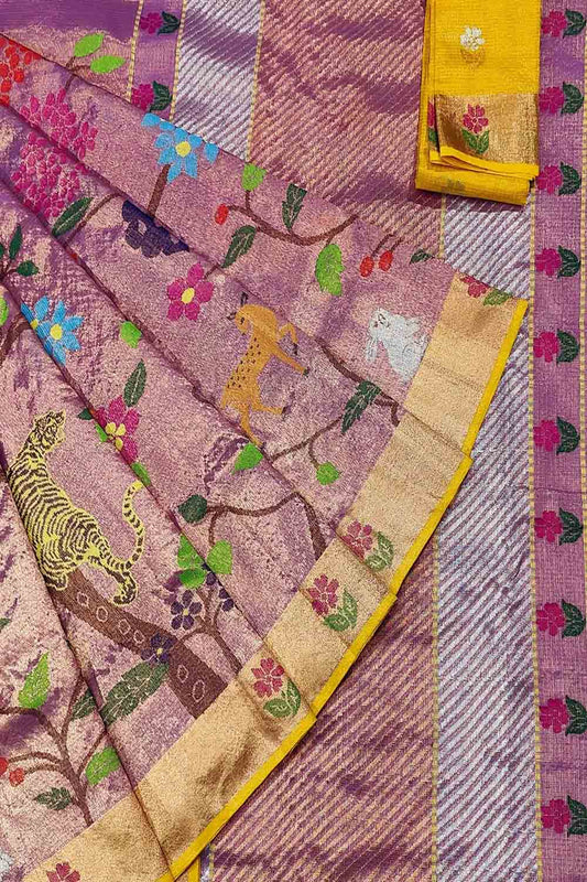 Elegant Purple Zari Saree: Handloom Tissue Kota Doria