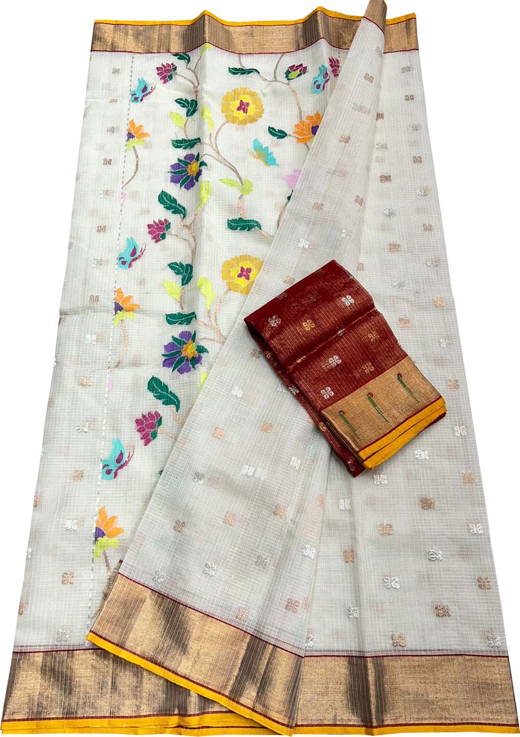 Stunning Off White Handloom Kota Doria Saree with Real Zari Embellishments - Luxurion World