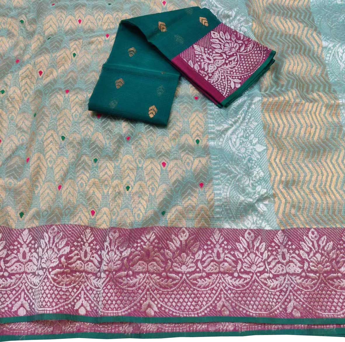 Blue And Pink Kota Doria Real Zari Saree - Luxurion World