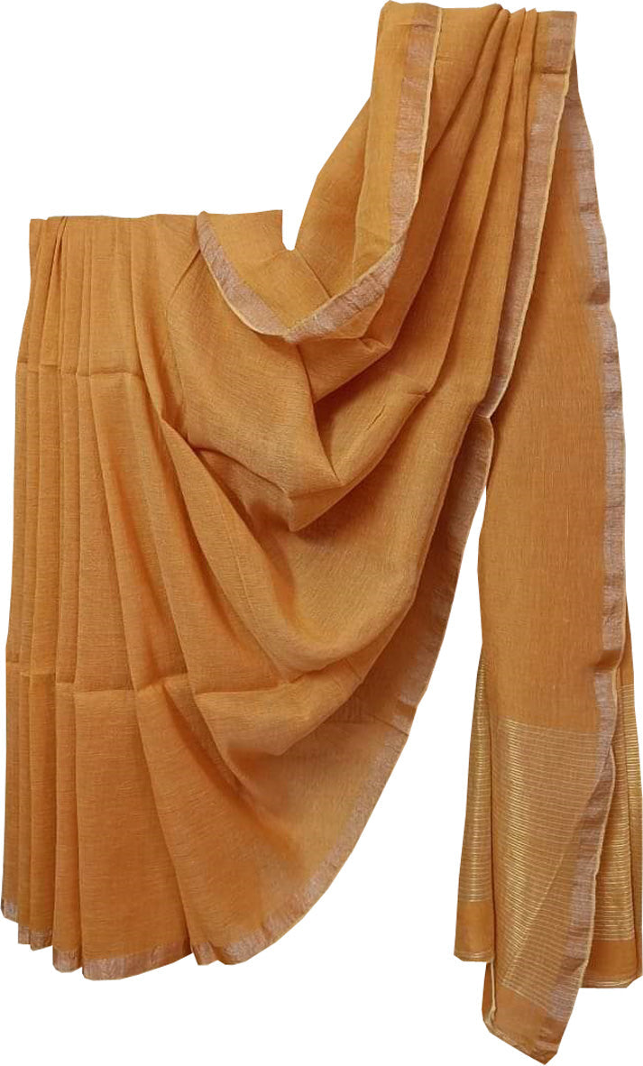 Orange Bhagalpur Handloom Pure Linen Saree - Luxurion World
