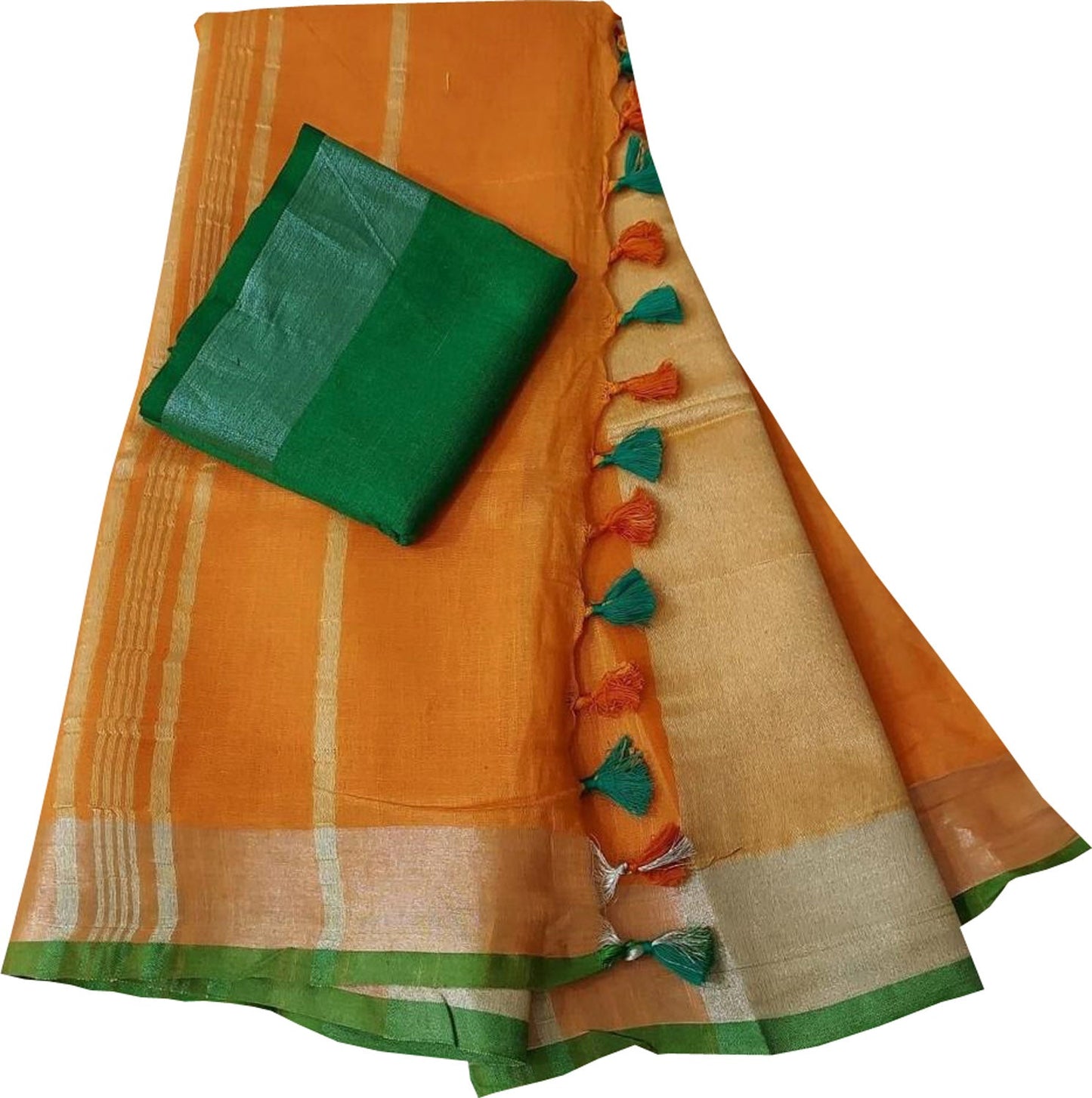 Orange And Green Linen Handloom Plain Saree - Luxurion World