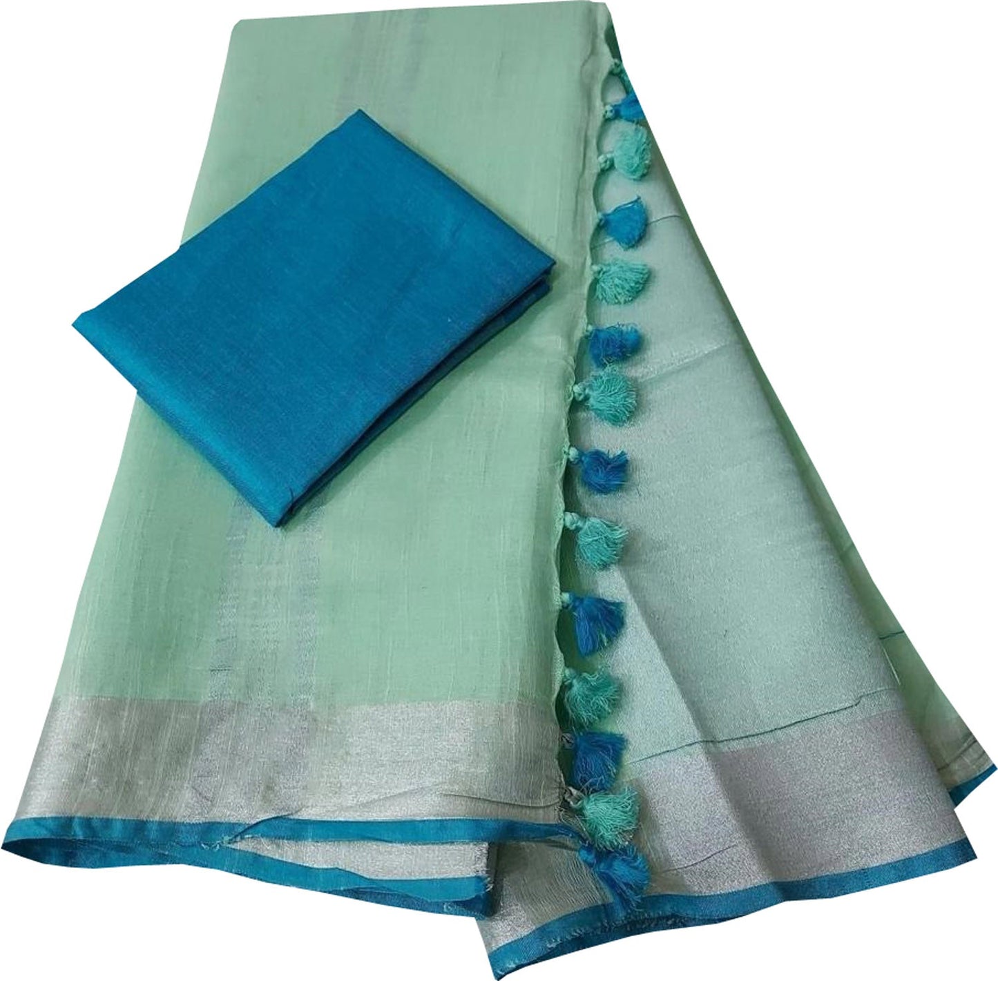 Green And Blue Linen Handloom Plain Saree - Luxurion World