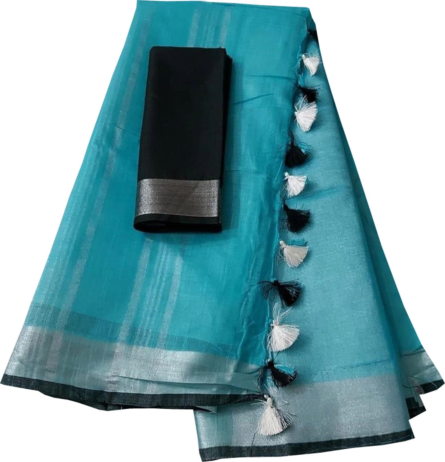 Blue And Black Linen Handloom Plain Saree - Luxurion World