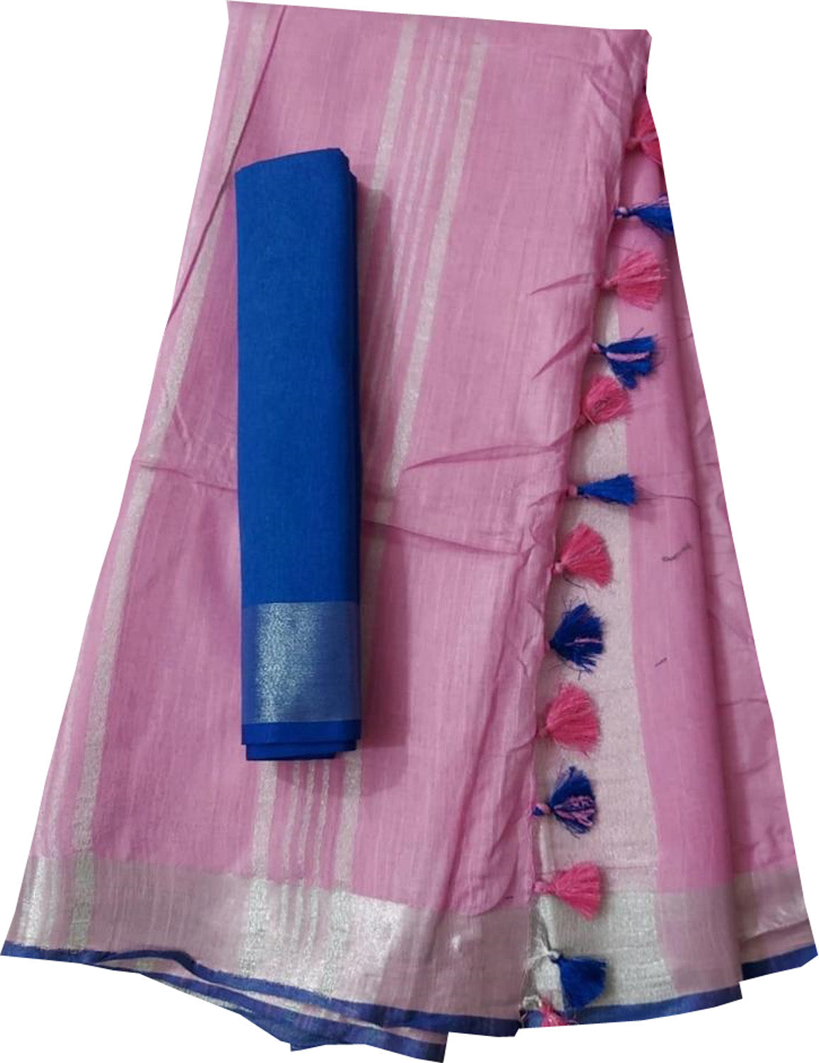 Pink And Blue Linen Handloom Plain Saree - Luxurion World
