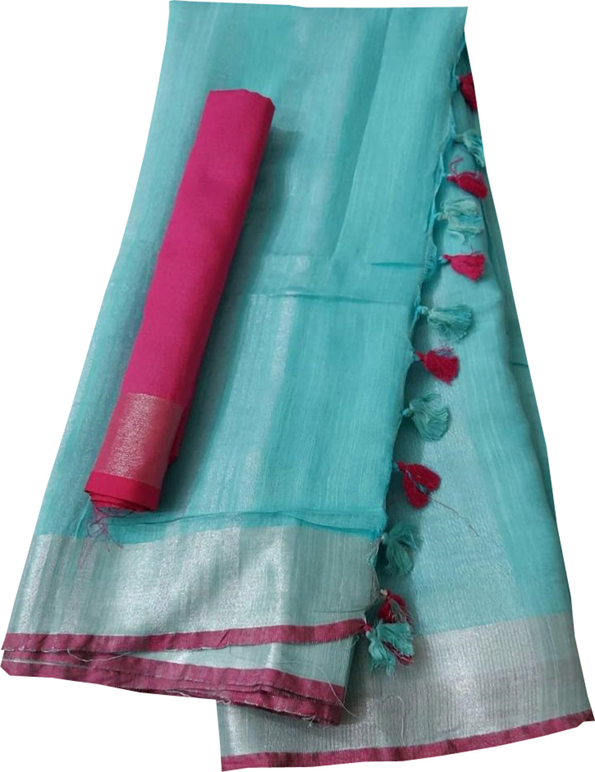 Blue Linen Handloom Plain Saree - Luxurion World