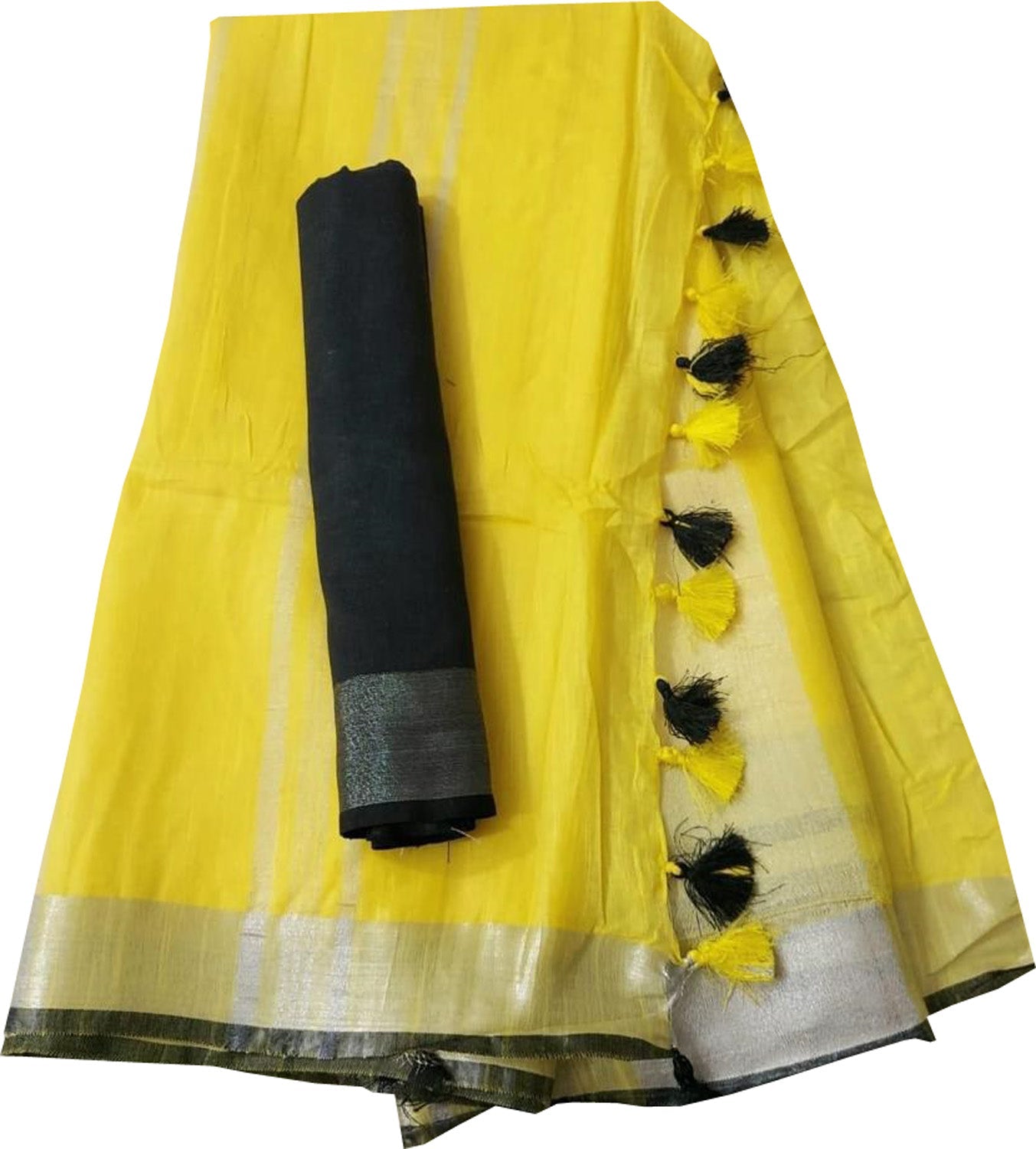 Yellow And Black Linen Handloom Plain Saree - Luxurion World