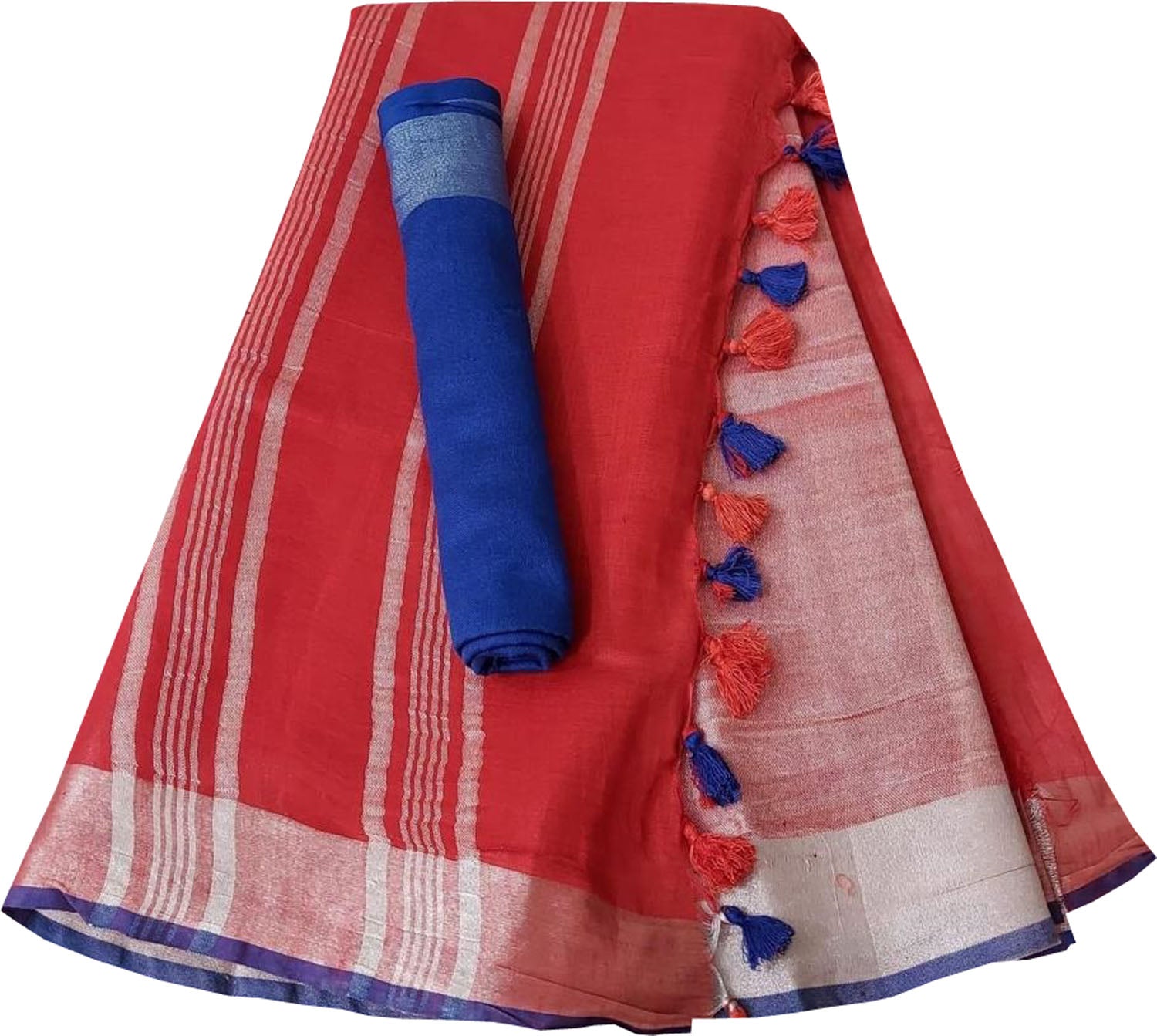 Red And Blue Linen Handloom Plain Saree - Luxurion World