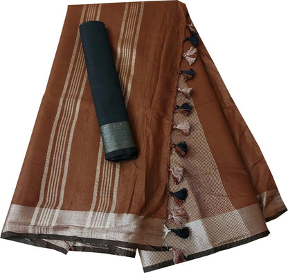 Brown And Black Linen Handloom Plain Saree - Luxurion World