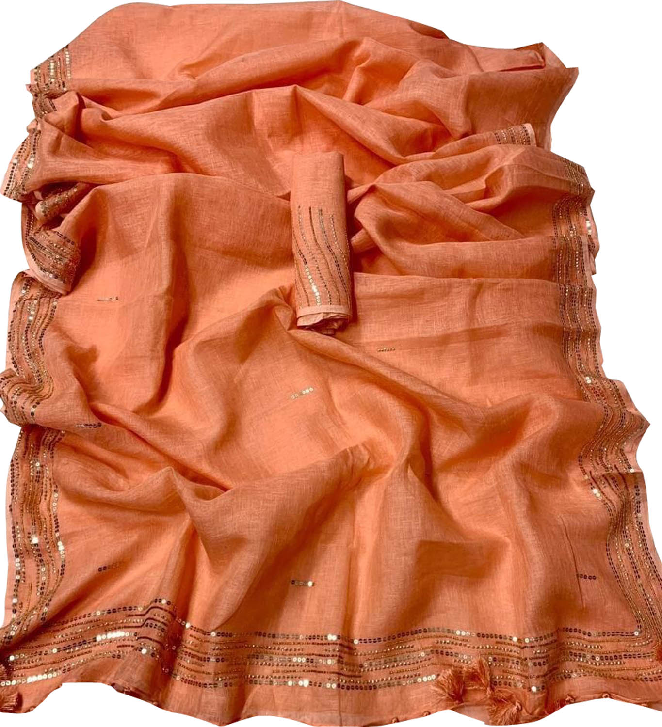 Shop the Latest Orange Pure Linen Sequins Hand Work Saree Online - Luxurion World