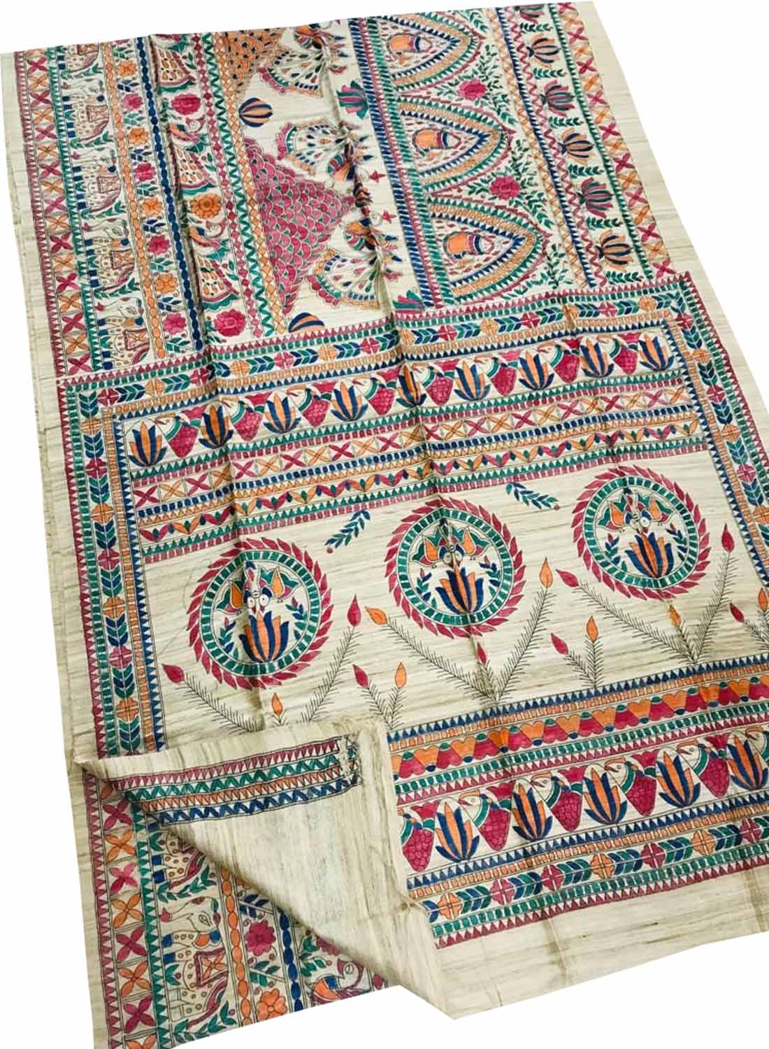 Hand-Painted Madhubani Tussar Ghicha Silk Saree in Pastel Hues - Luxurion World