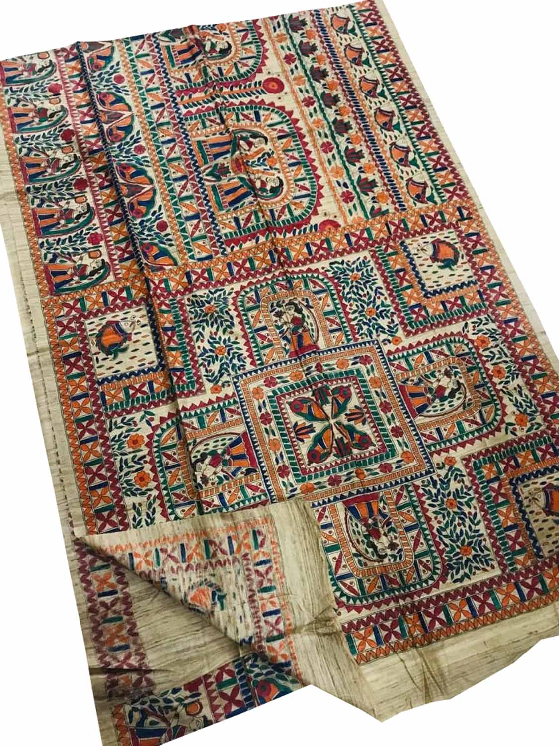 Hand-Painted Madhubani Tussar Ghicha Silk Saree in Pastel Hues - Luxurion World